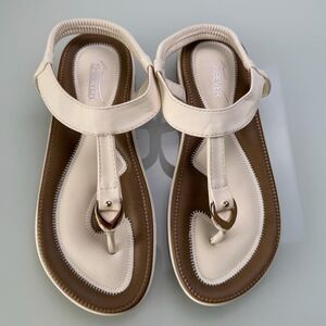 Shibever Women's Comfort Sandals Orthopedic T-Strap Flats Cream Brown Sz 7.5